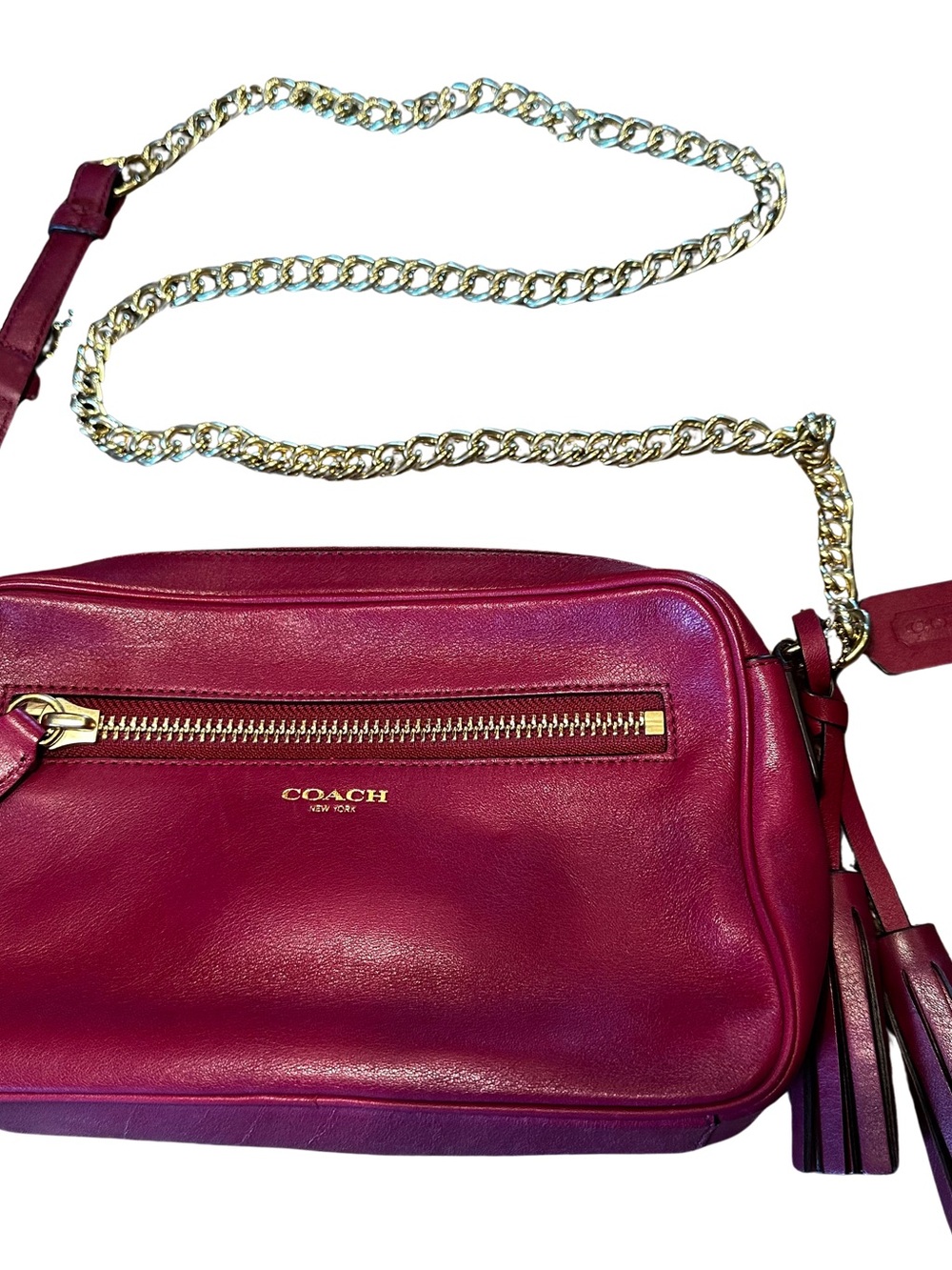 Coach Port Wine Color Leather Crossbody Bag Gold Chain C1394-25362